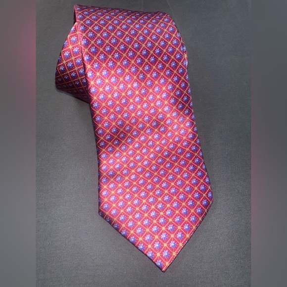 VALENTINO Men's 100% Silk Necktie ITALY Designer Elegant Red and Blue Patterned